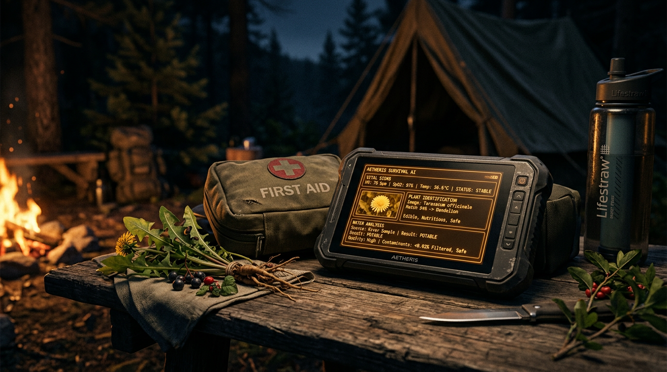 Ruggedized tablet displaying survival AI interface with plant identification and water analysis at a wilderness camp